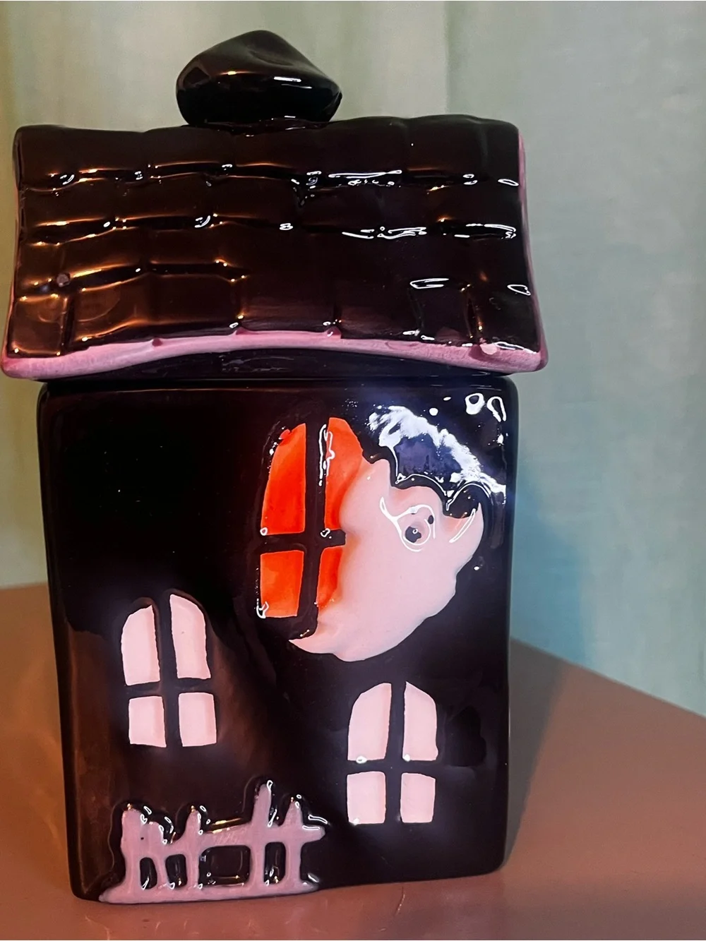 Black and Orange Haunted Ceramic House Candy Jar by